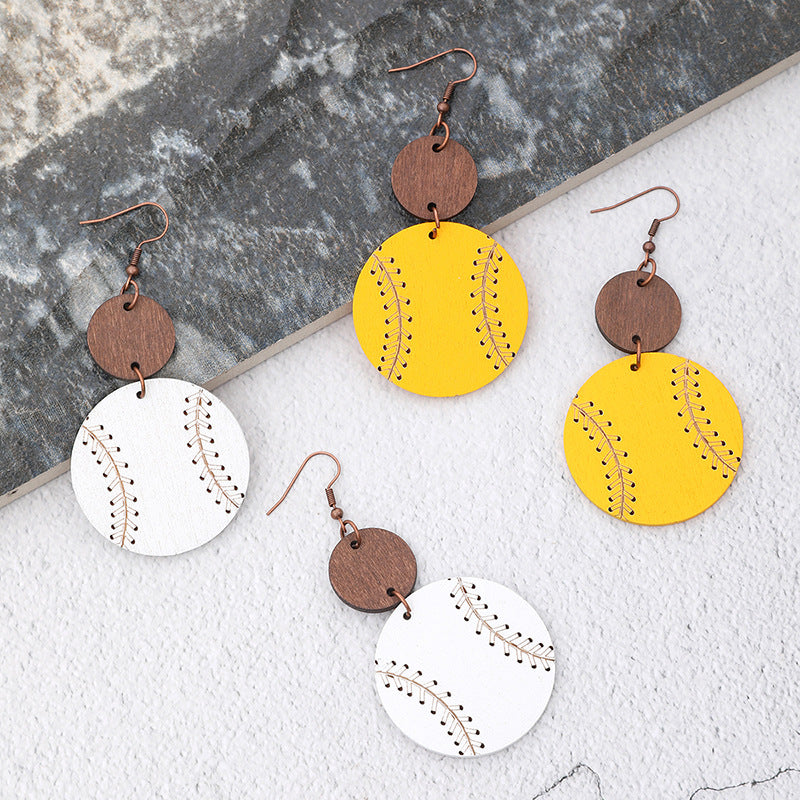 Wholesale Trendy Wooden Baseball Pattern Earrings for Women Geometric Sphere Design Boutique Resale Jewelry Accessory