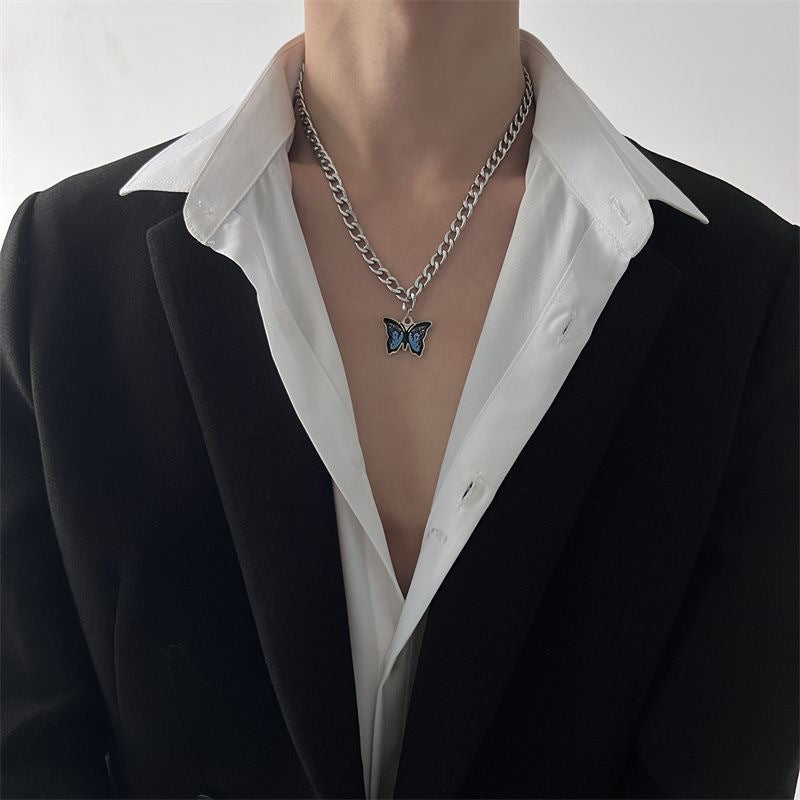 Wholesale Titanium Steel Blue Flame Butterfly Pendant Necklace Fashion Jewelry Accessory for Women
