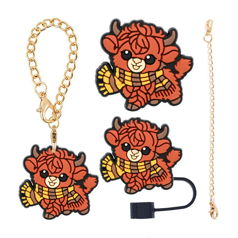 Wholesale Random 100pcs Cartoon Highland Cow  10mm PVC Soft Straw Tube Cap