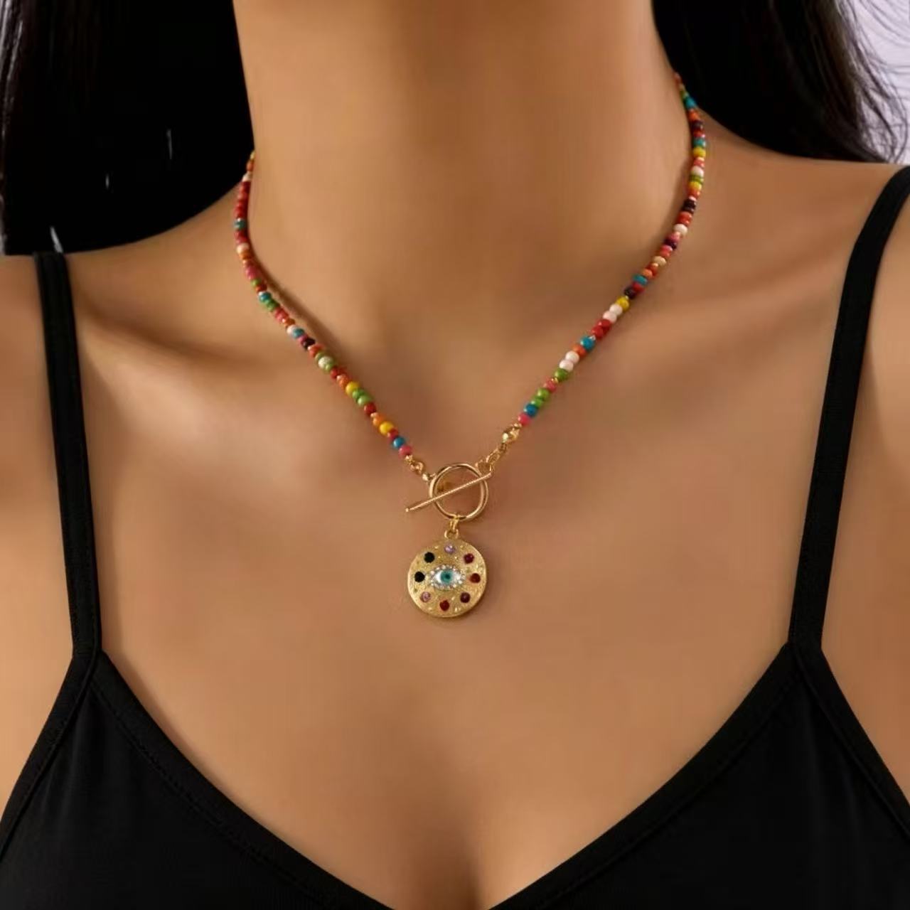 Wholesale Resin Beaded Necklace with Cute Heart and Evil Eye Pendant,  Trendy Fashion Accessory for Women