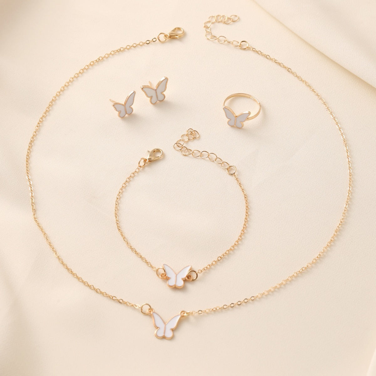 Wholesale Chic White Butterfly Jewelry Set Alloy Necklace Ring Earrings Everyday Wear Accessory For Women