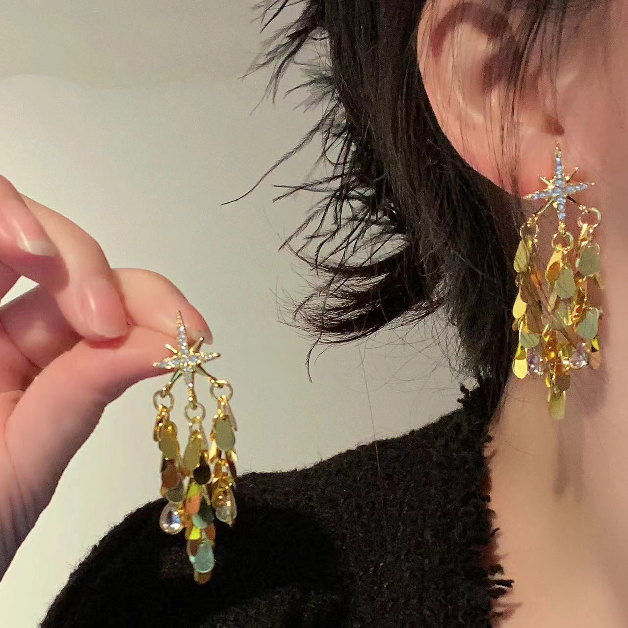 Wholesale Silver Needle Light Luxury Elegant Zircon Mang Star Bright Tassel Earrings