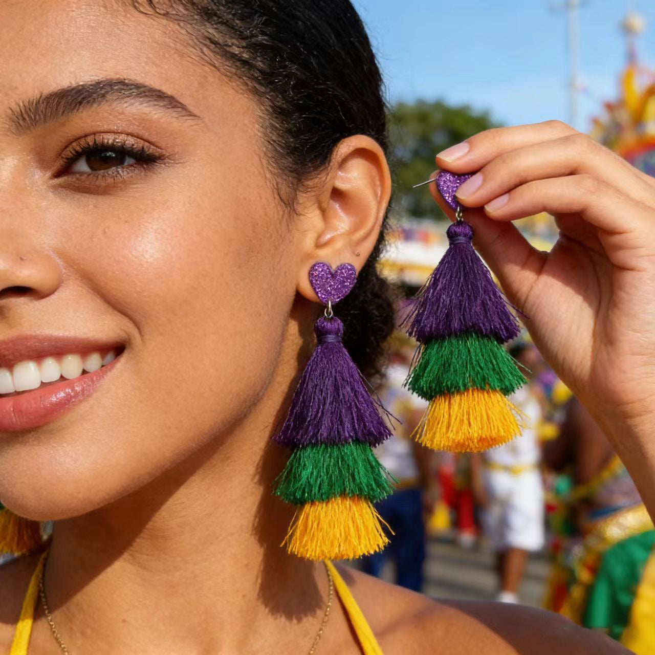 Wholesale Mardi Gras Tassel Pendant Layered Long Earrings