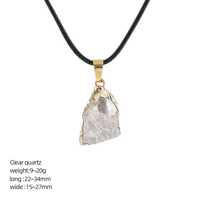 Wholesale Natural Crystal Raw Stone Pendant Necklace with Leather Rope Chain Irregular Hand-Hammered Electroplated Fashion Jewelry