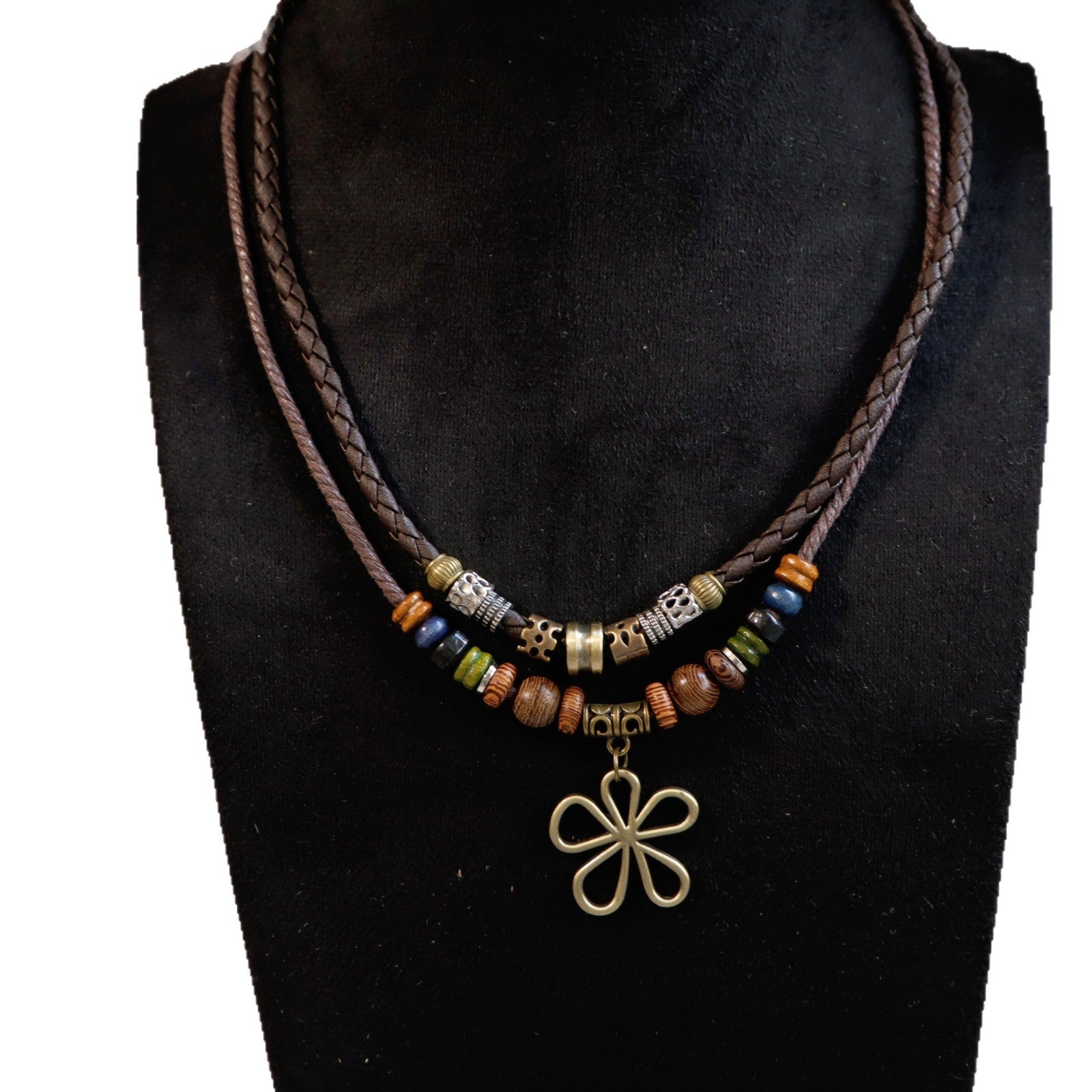 Wholesale Handmade Leather Layered Wood Bead Necklace With Turquoise Pendant Vintage Retro Unisex Fashion Jewelry Gift
