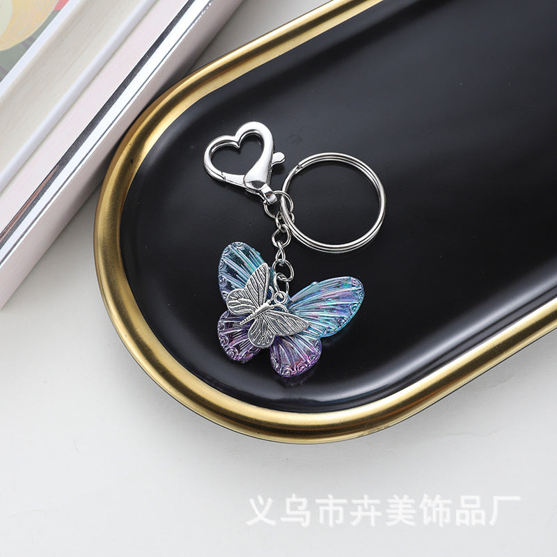 Wholesale Cute cartoon AB color plated butterfly heart keychain