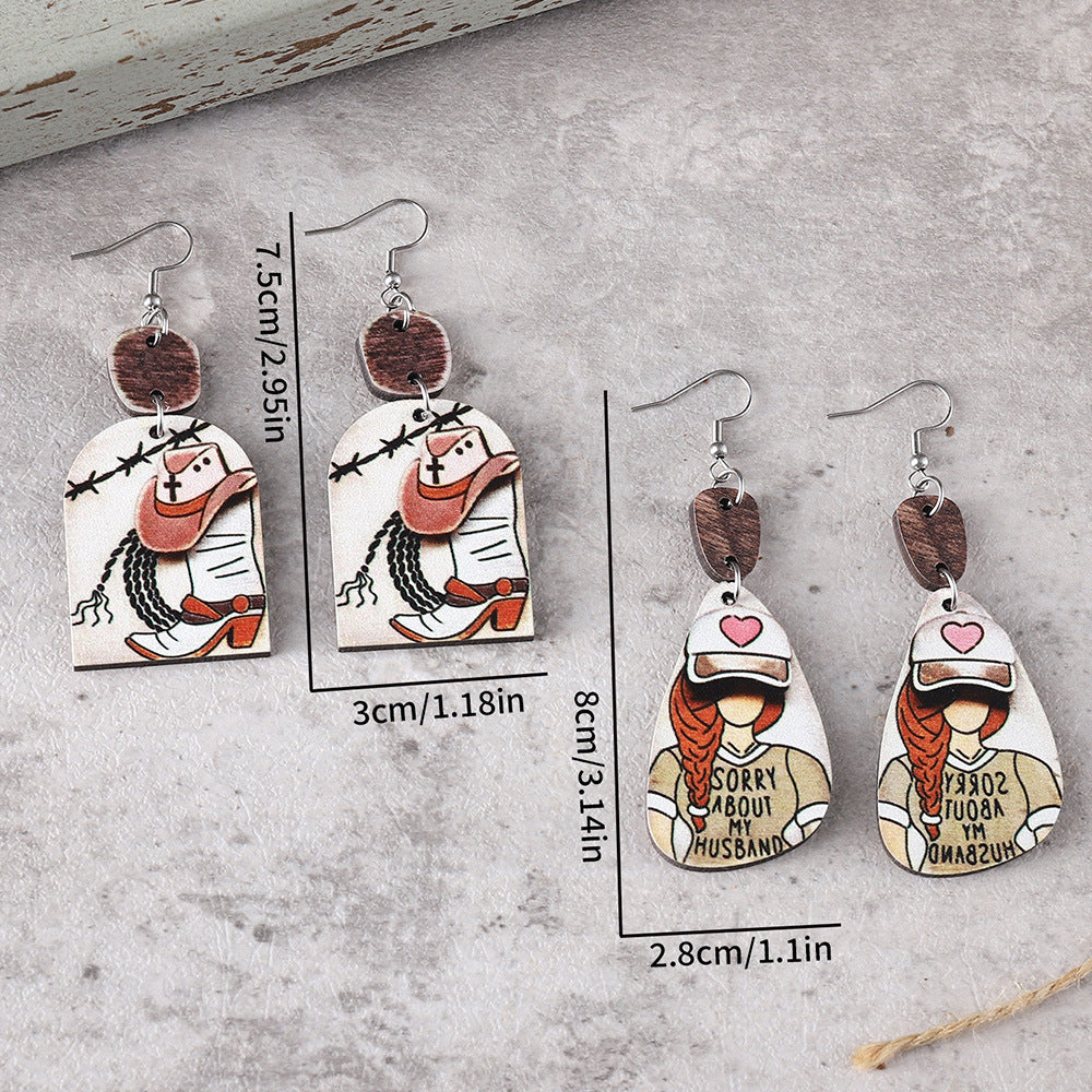 Wholesale Western cowboy hat cowboy boots cartoon girl distressed stitching pendant earrings