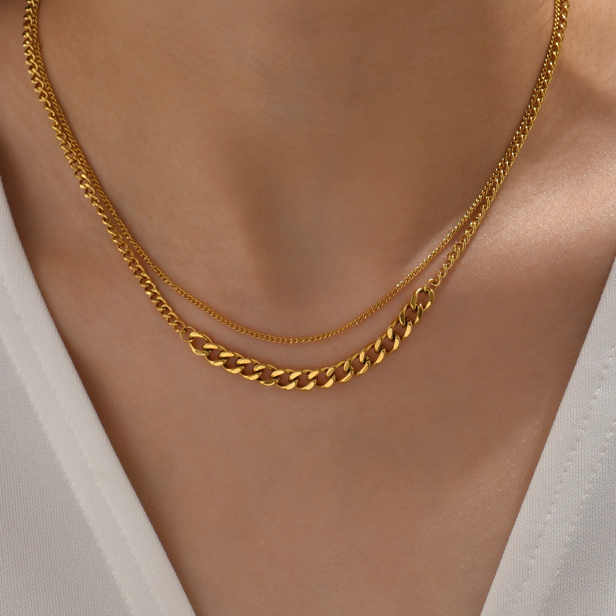 Wholesale retro double layer stacking gold plated titanium steel thick chain