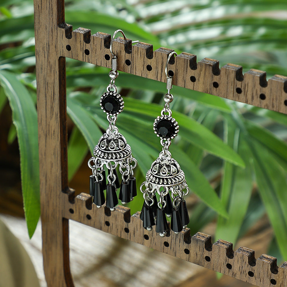Wholesale Zinc Alloy Vintage Lantern Earrings Black Crystal Tassel Jewelry Accessory