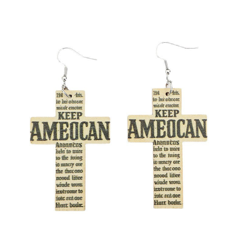 Wholesale Wooden Letter Printed Cross Earrings
