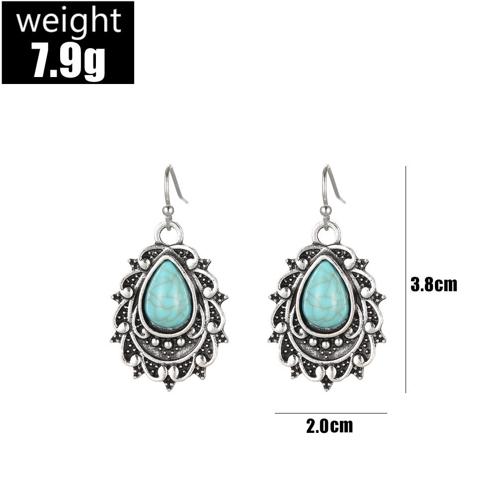 Wholesale Bohemian turquoise teardrop shaped carved earrings