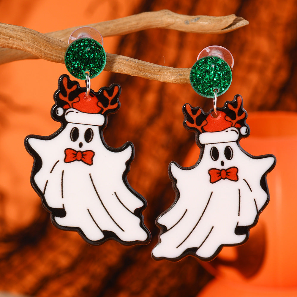 Wholesale Christmas Funny Cartoon Ghost Lantern Antler Hat Cute Christmas Acrylic Double-sided Earrings