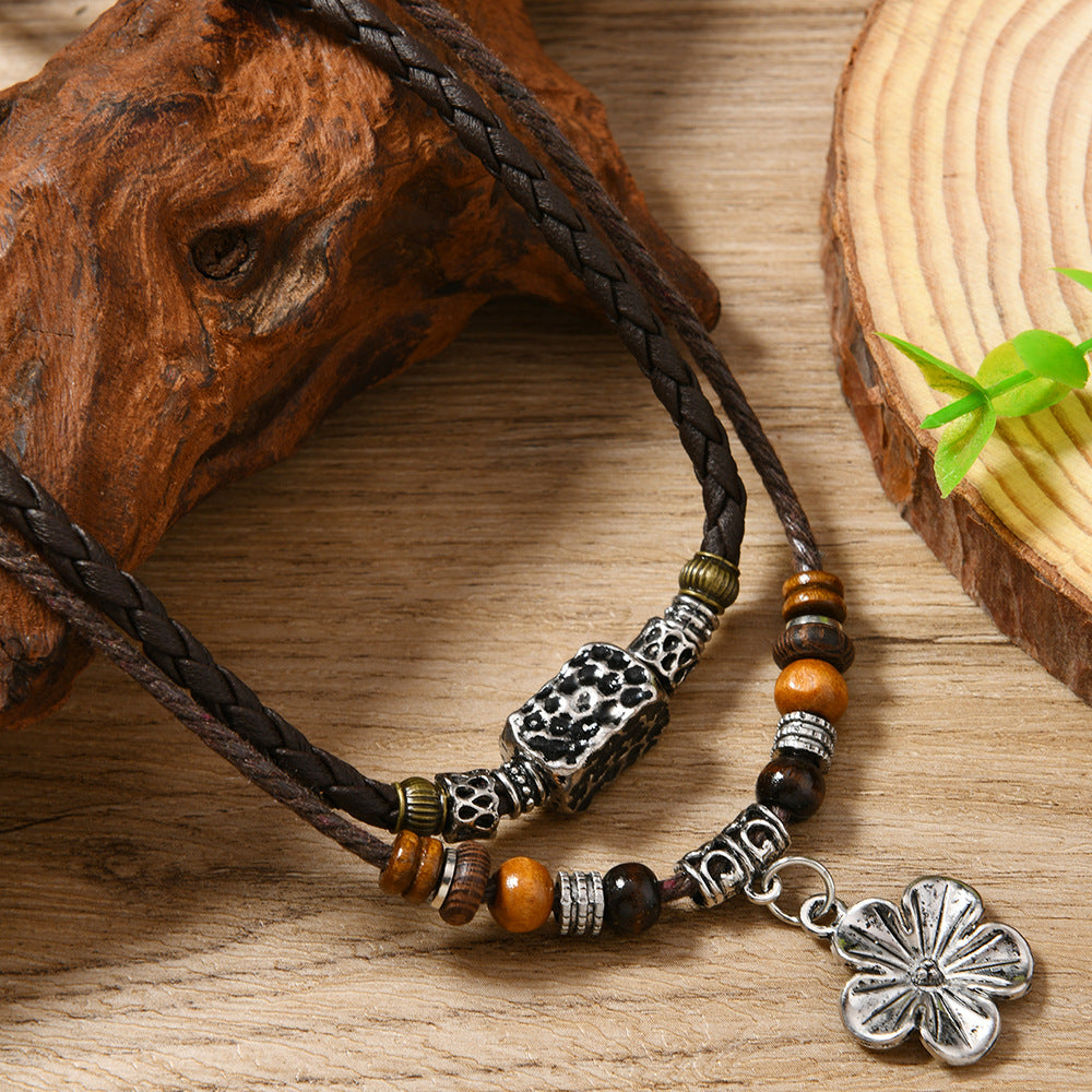 Wholesale PU leather vintage floral double-layered necklace