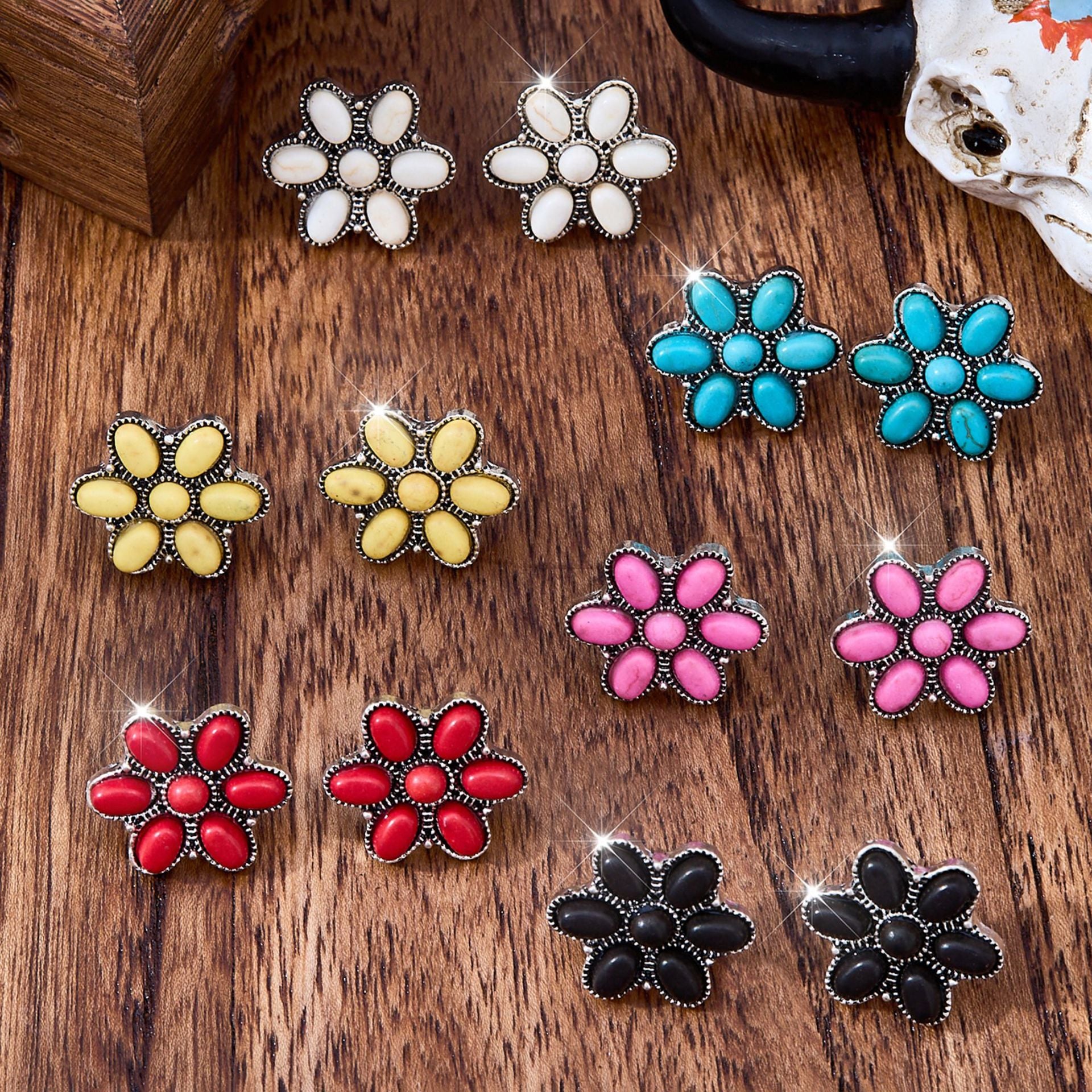 Wholesale Trendy Turquoise Flower Earrings Zinc Alloy Electroplated Ethnic Style Boutique Resale