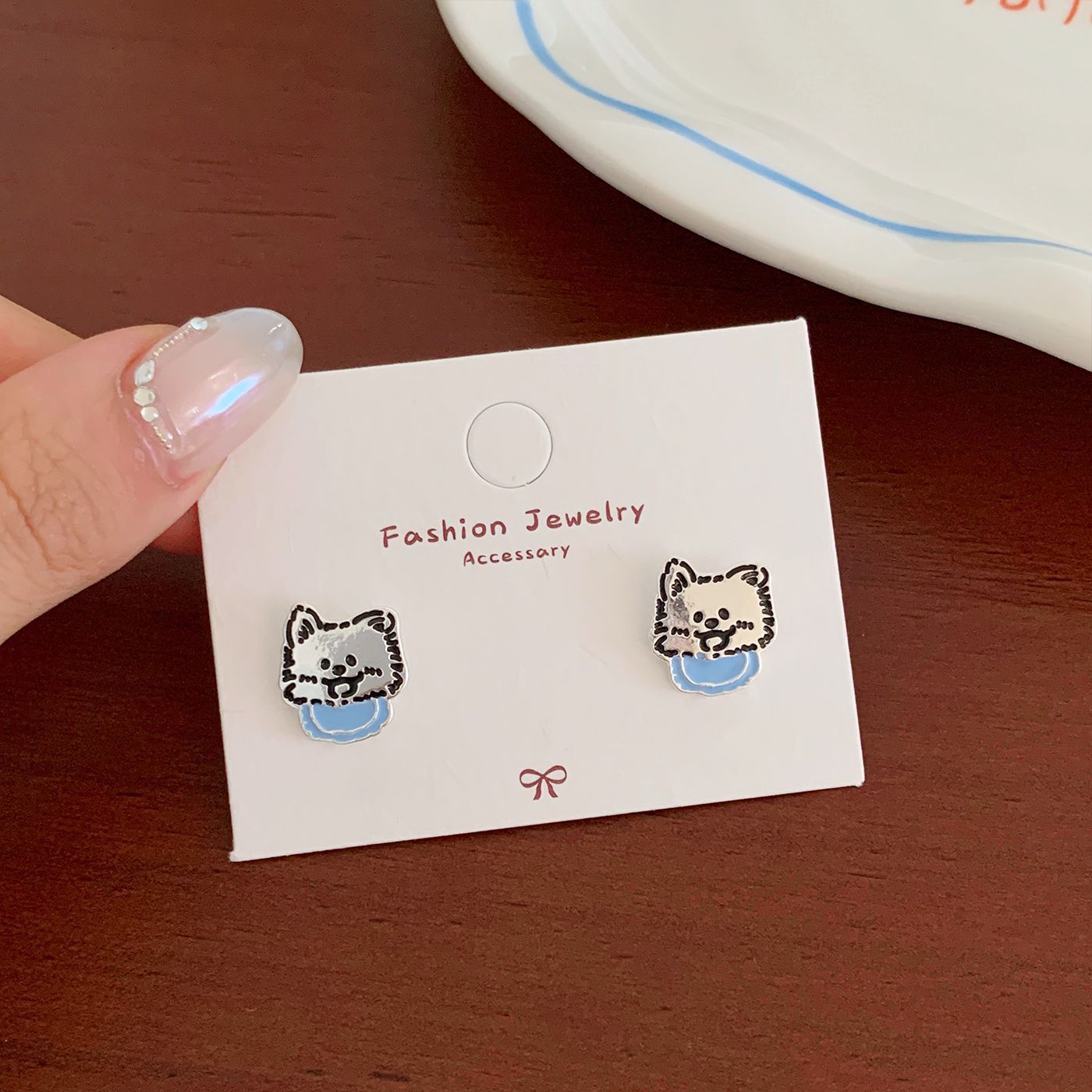 Wholesale Line graffiti blue dog earrings  silver needle cartoon cute small exquisite design earrings