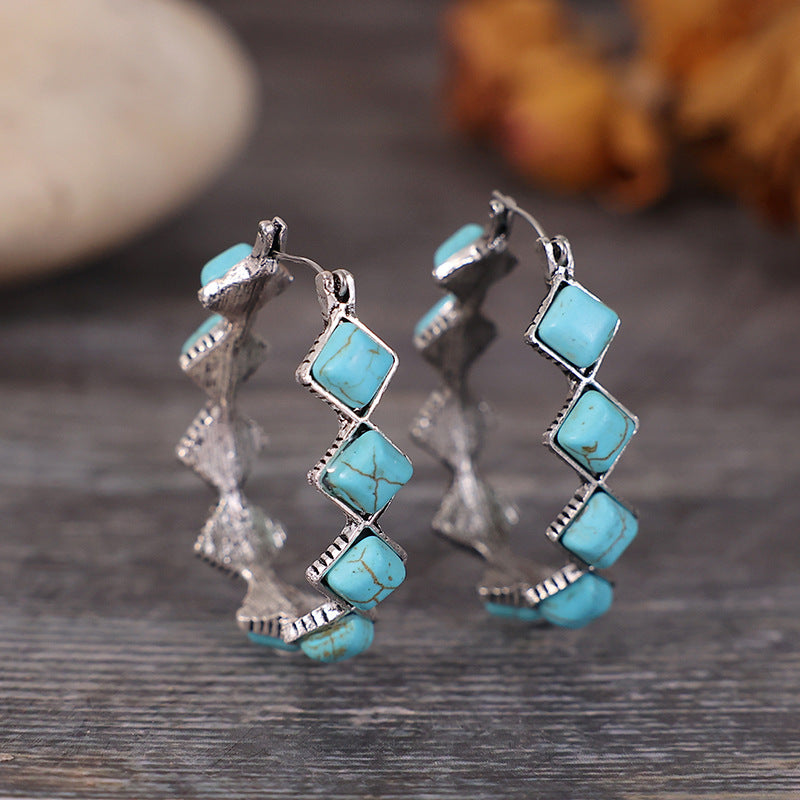 Wholesale  exaggerated rhombus turquoise U-shaped earrings turquoise earrings