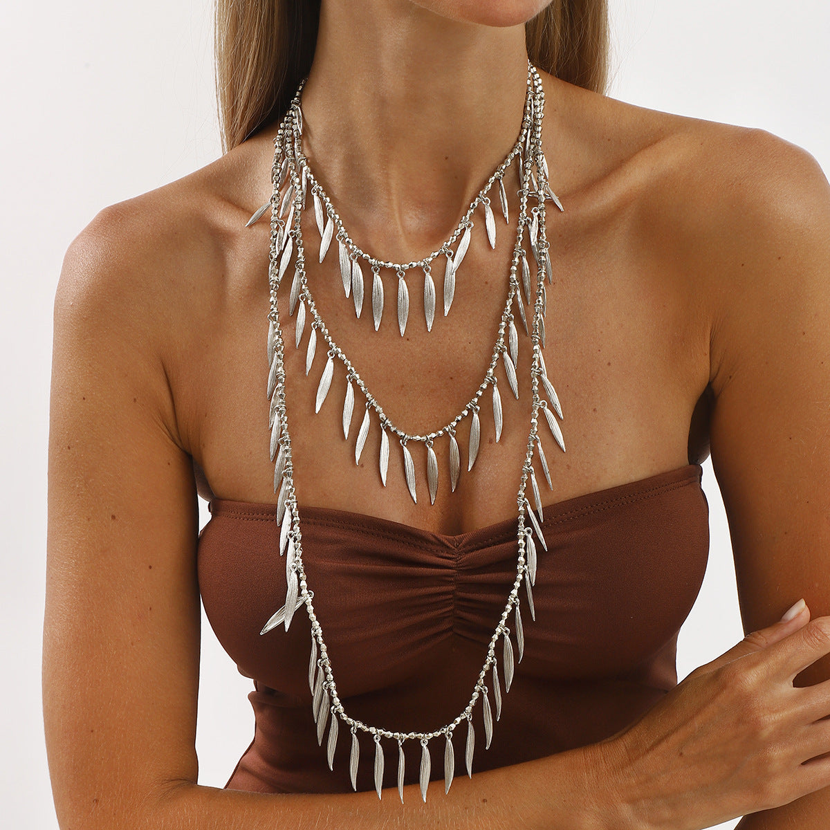 Wholesale beaded necklace alloy feather leaf pendant necklace