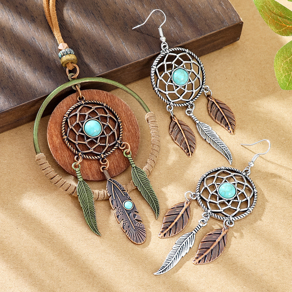 Wholesale Dream Catcher  Web Earrings and Necklace Set,  Alloy with Feather Tassel,  Ethnic Style Jewelry for Gift,  Party,  or Resale