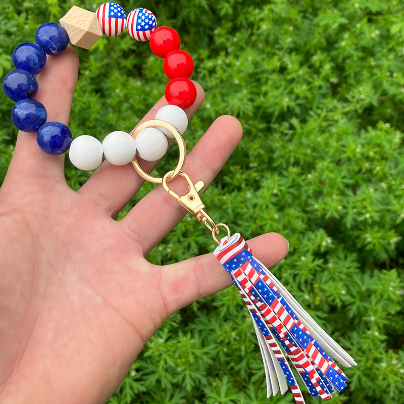 Wholesale American Independence Day Wooden Beads Tassel Wristlet Keychain ACC-KC-QiuXue013