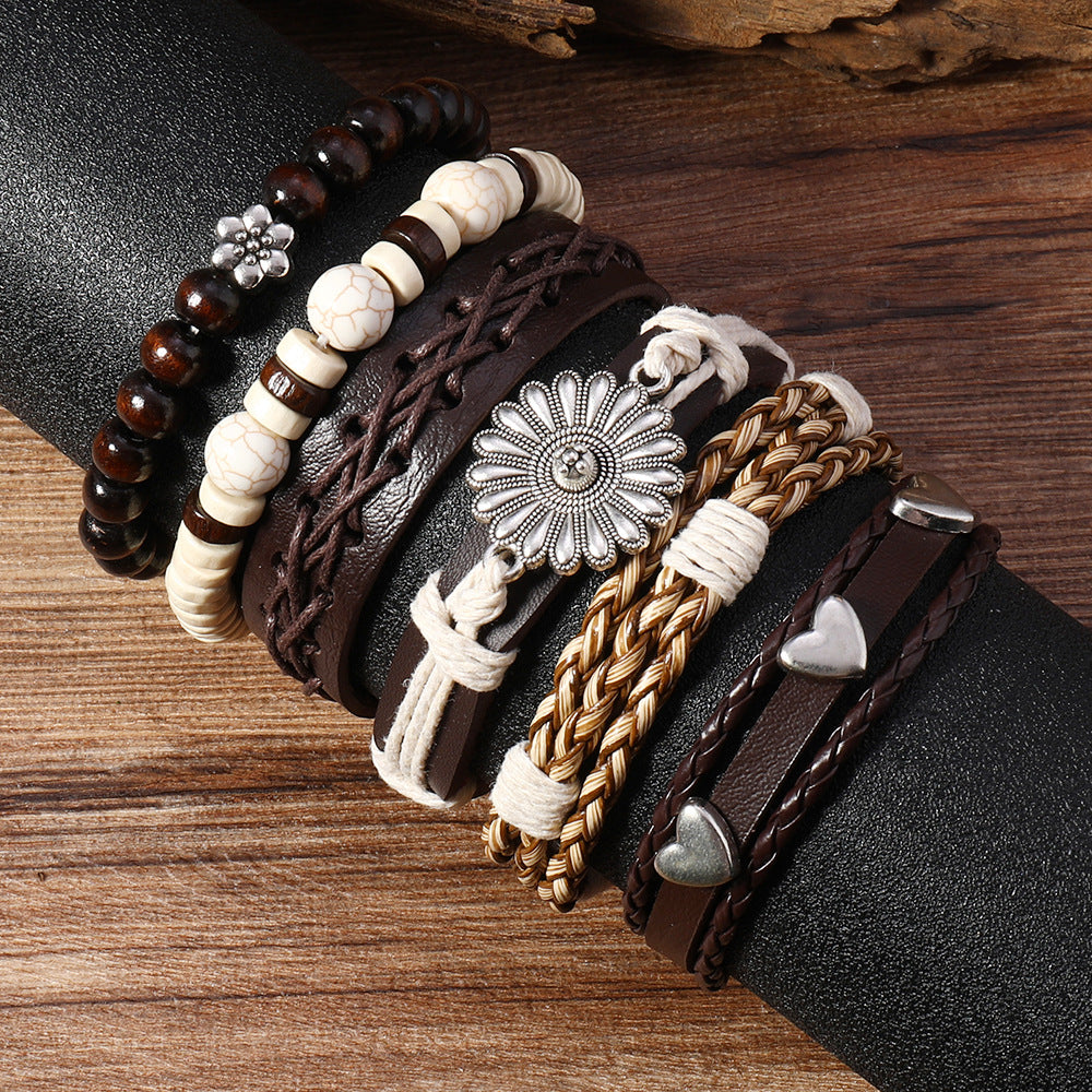 Wholesale Retro Sunflower Handwoven Beaded Bracelet Set 6 Pieces Multi Layer Elastic Leather Fashion Accessory For Party Resale