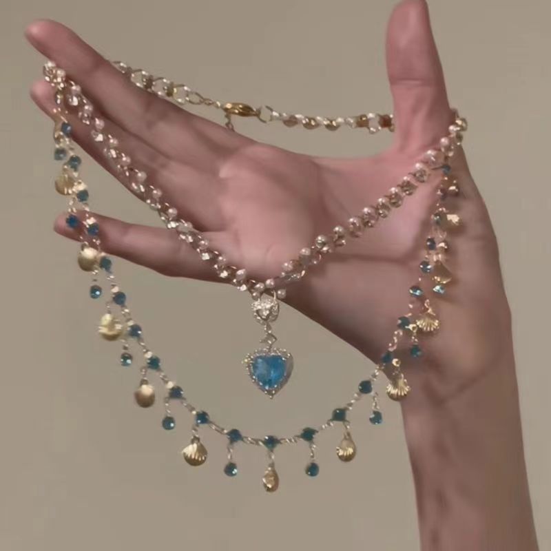 Wholesale Vacation Style Shell Pearl Layered Necklace With Blue Rhinestone Pendant Fashion Jewelry Accessory Gift