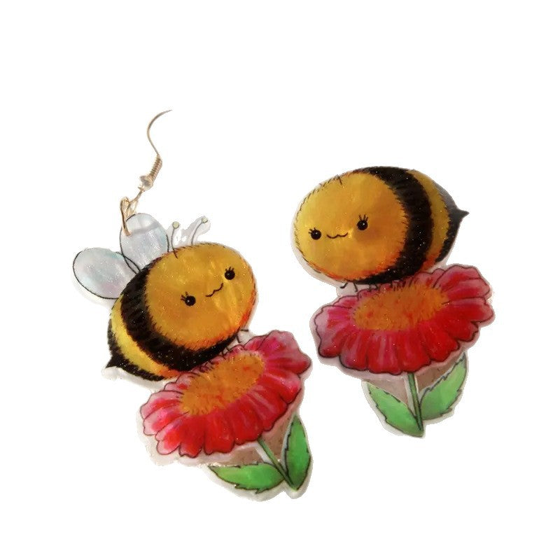 Wholesale  cute flower picking little bee acrylic animal earrings