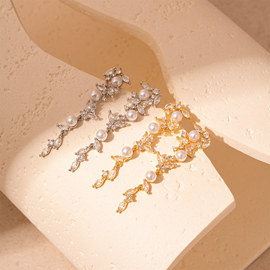 Wholesale zircon wheat grain grain  pearl silver pin earrings