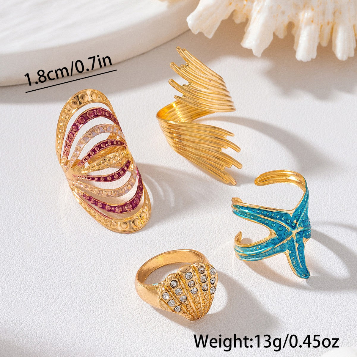 Wholesale Iron Alloy Bohemian Beach Style Blue Starfish Pink Gradient Shell Wing Stacking Ring Set Open Adjustable For Women Travel