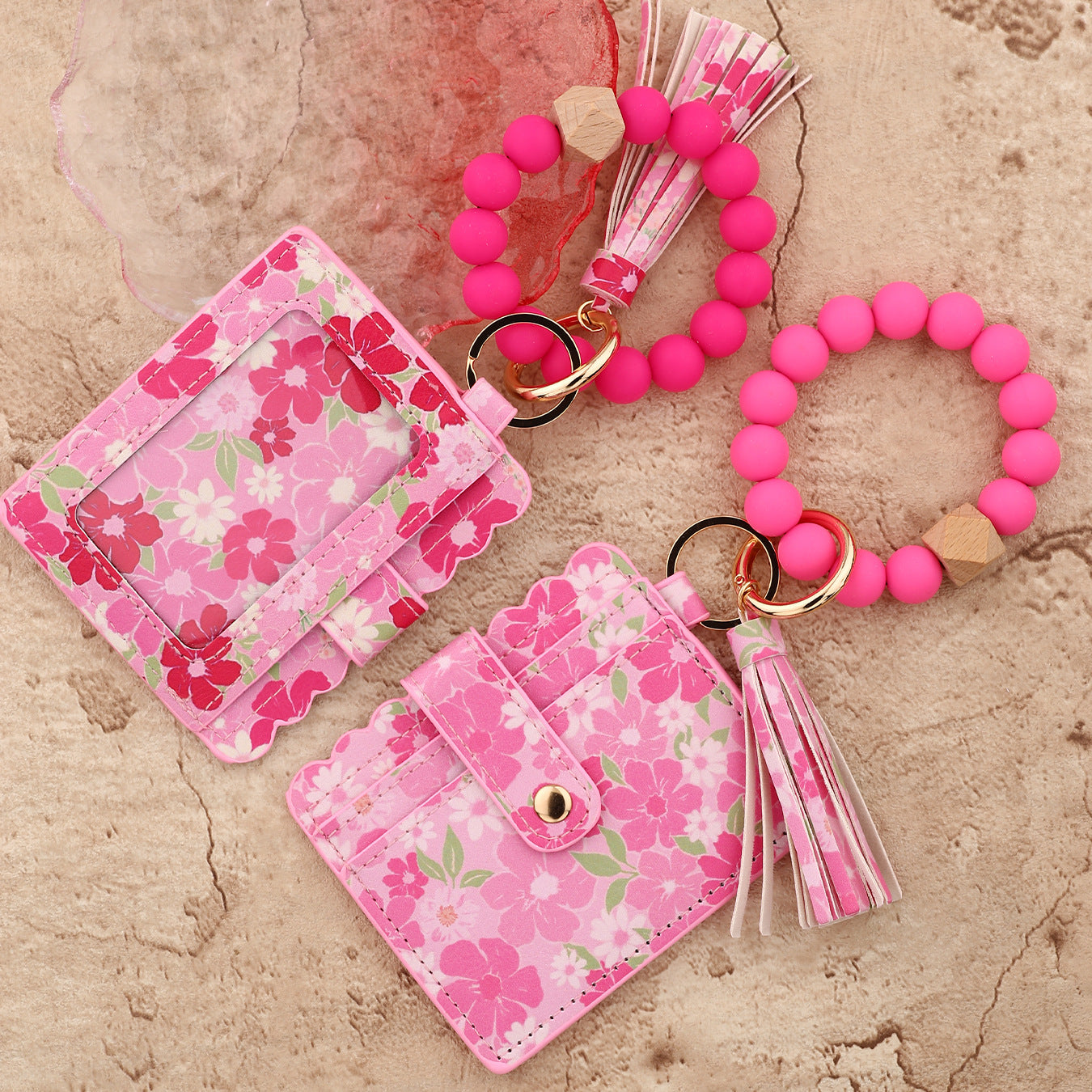 Wholesale silicone bead bracelet pink card holder Wristlet Keychain