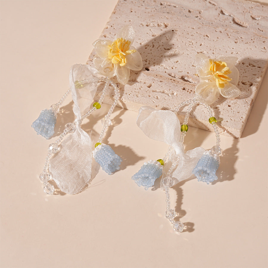 Wholesale  Lace Flower Glaze Rice Beads Tassel Silver Pin Earrings