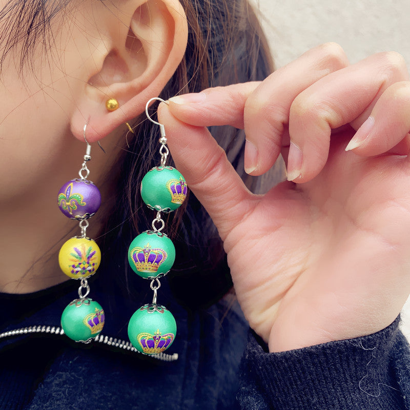 Wholesale Mardi Gras Earrings Purple Yellow Green Tricolor Beaded Long Earrings