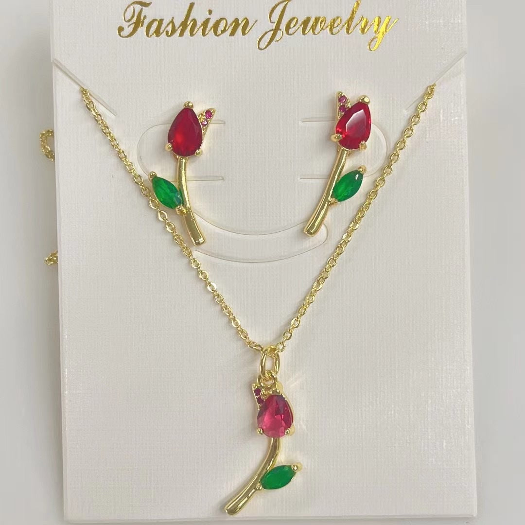 Wholesale Copper-plated 18k colored zircon floral tulip necklace and earring set