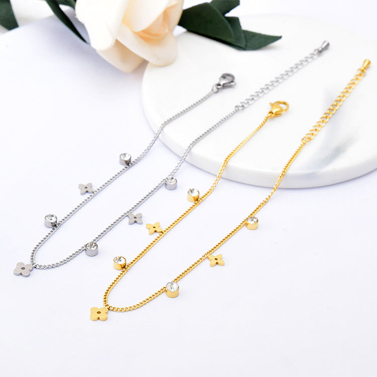 Wholesale Glossy Flower Zircon Anklet 18k Gold Titanium Steel ACC-AS-JinLang001