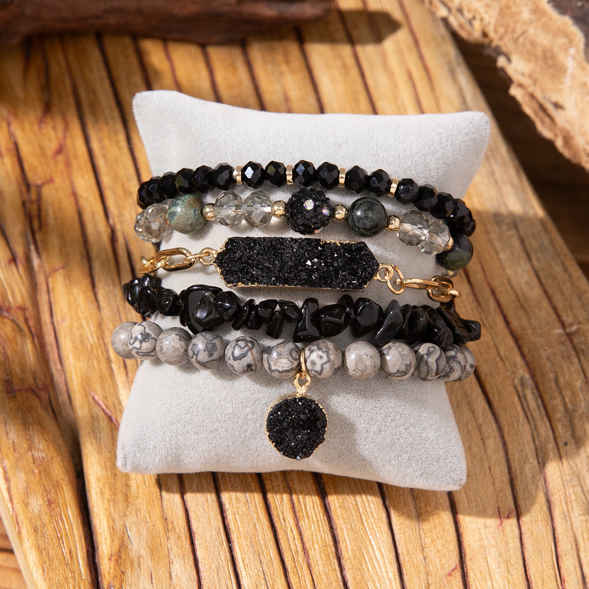 Wholesale 5pcs/set Crushed Rose Quartz Bohemian Beaded Bracelet Set