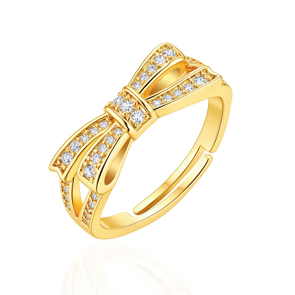 Wholesale Gold Plated Copper Zirconia Bow Ring Adjustable Open Design Fashion Jewelry Accessory For Everyday Wear