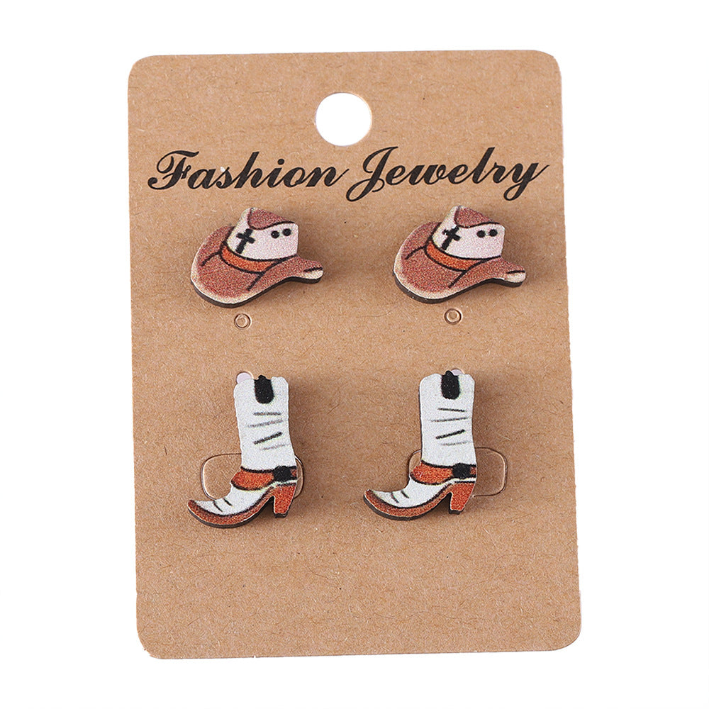 Wholesale Western Style Cowboy Hat Boots Wood Earrings Set ACC-ES-ChuLian038