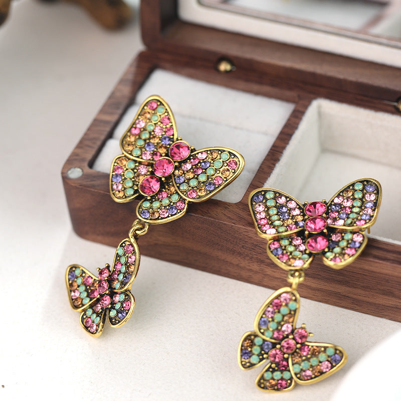 Wholesale colorful rhinestone butterfly tassel alloy earrings ACC-ES-RuLong004