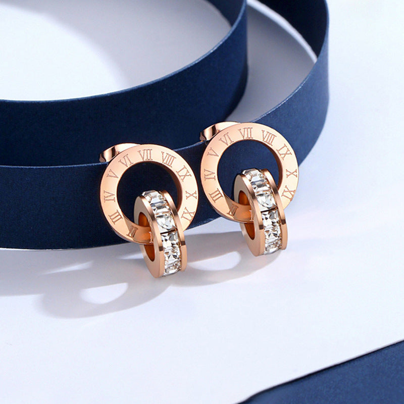 Wholesale Interlocking Double-Ring Earrings with Numbers Rose Gold Titanium Steel