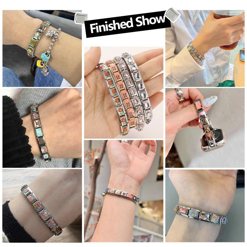 Wholesale Titanium Steel Enamel Flower Pattern Italian Charm Bracelet,  DIY Bracelet for Jewelry Making,  Fashion Accessory