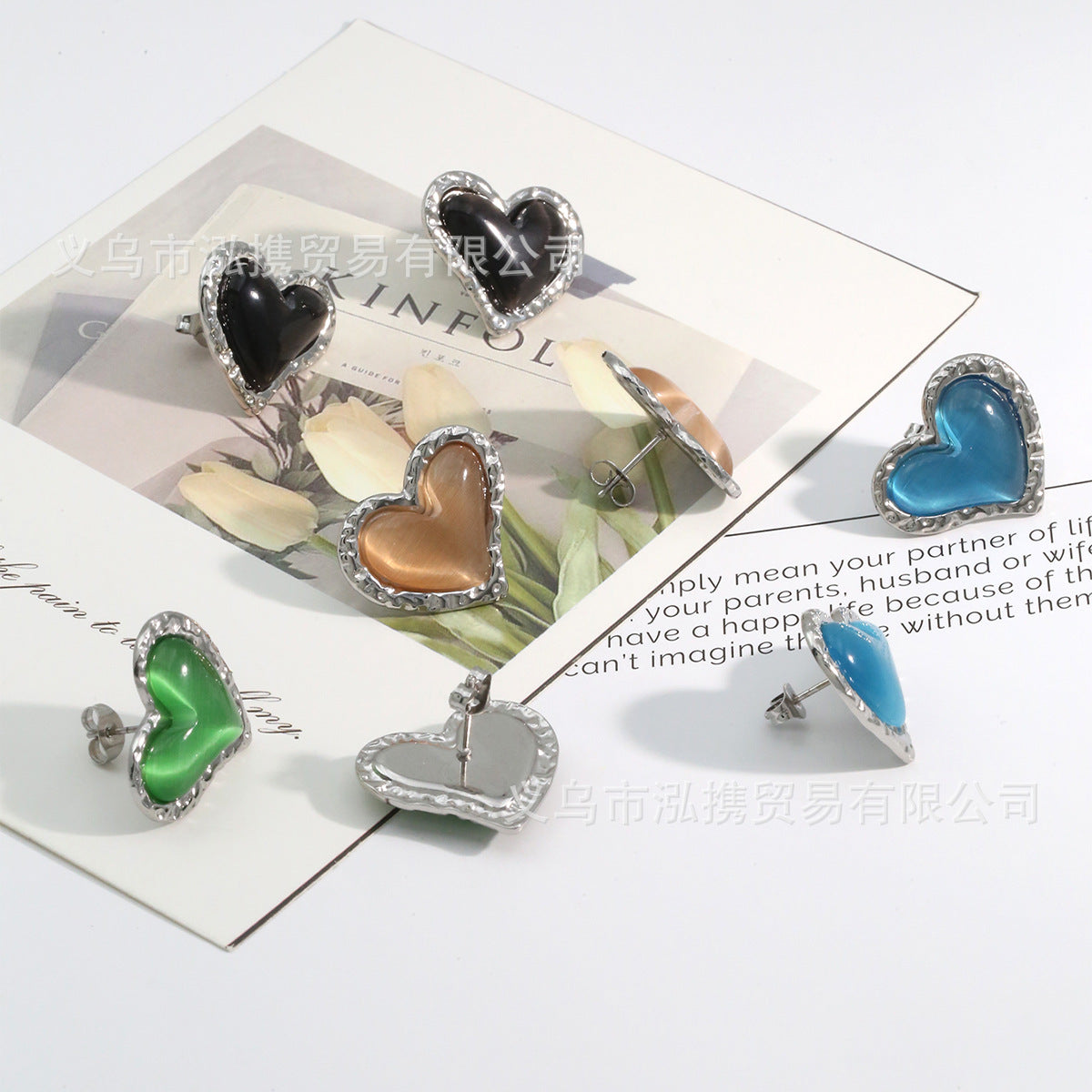 Wholesale Titanium Steel Heart-Shaped Cat Eye Earrings Boutique Jewelry Accessory for Women Gift