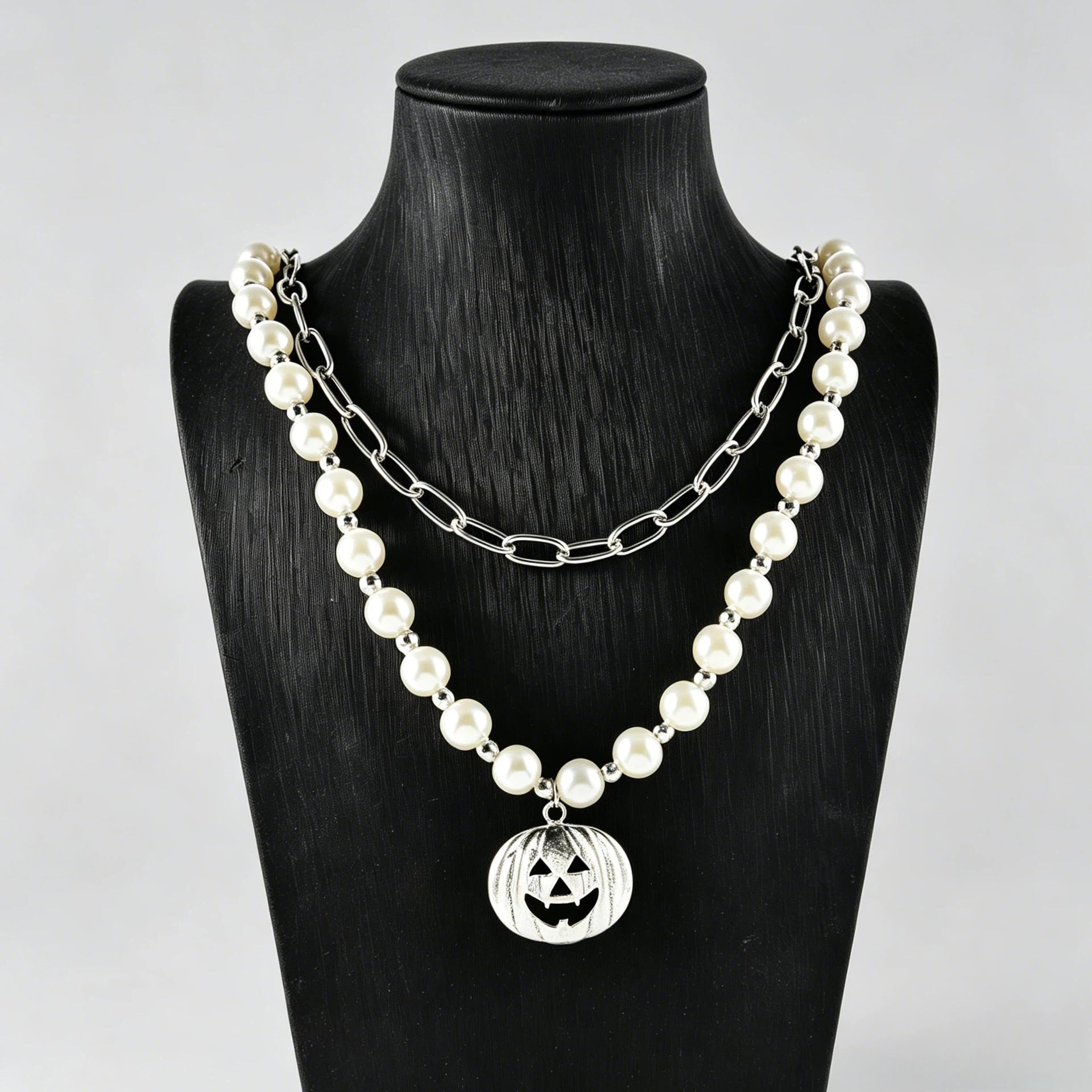Wholesale Medieval Style  Pearl Double Layer Necklace with Pumpkin Ghost Pendant,  Fashion Accessory for Resale