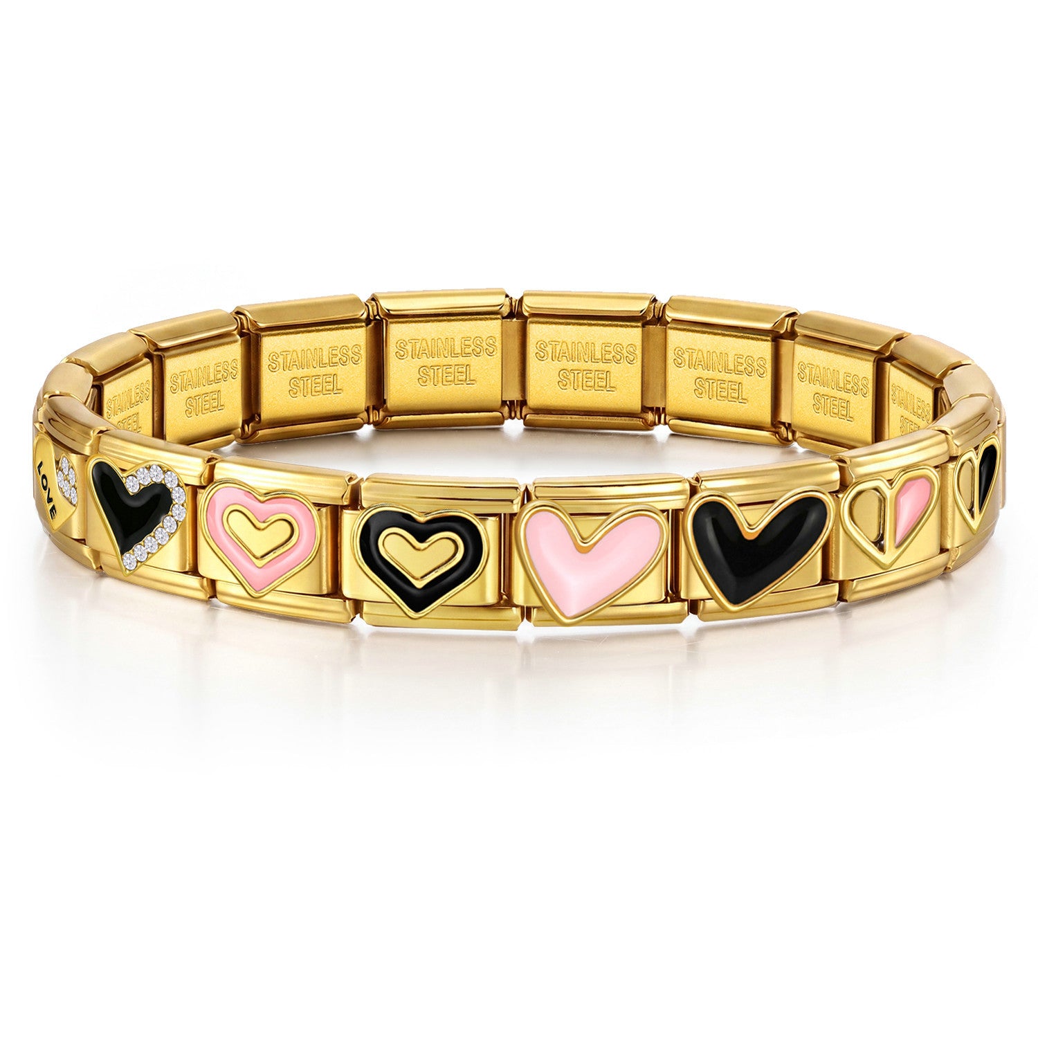 Wholesale Black Pink Heart Bow Stainless Steel DIY Elastic Bracelet Chic Jewelry Accessory For Everyday Wear