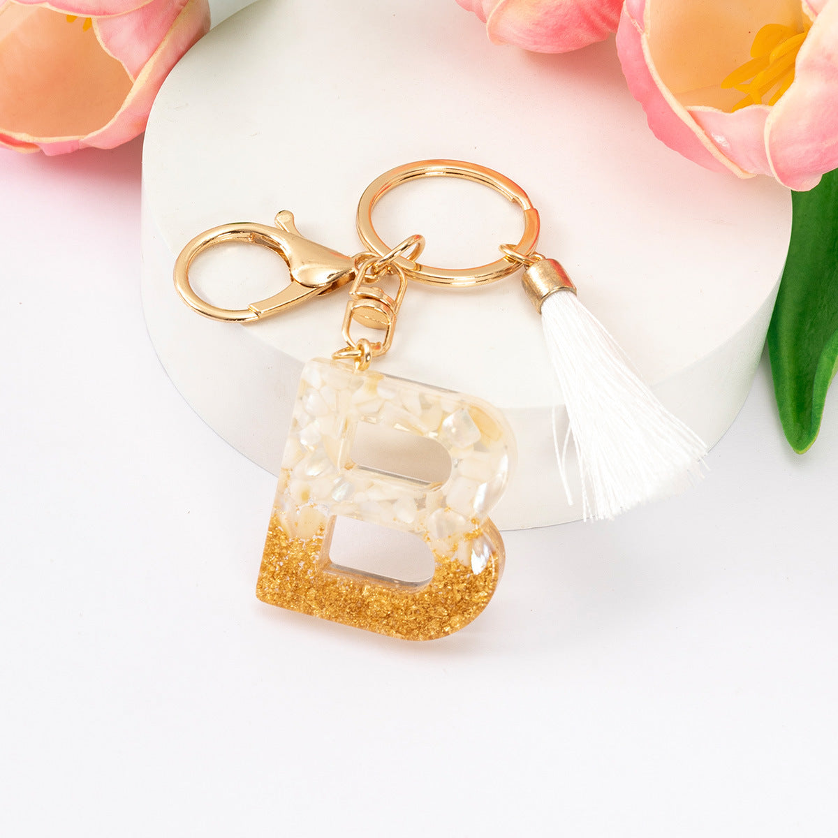 Wholesale Gold Foil New Resin Crystal Glue White Tassel Color English Digital Keychain
