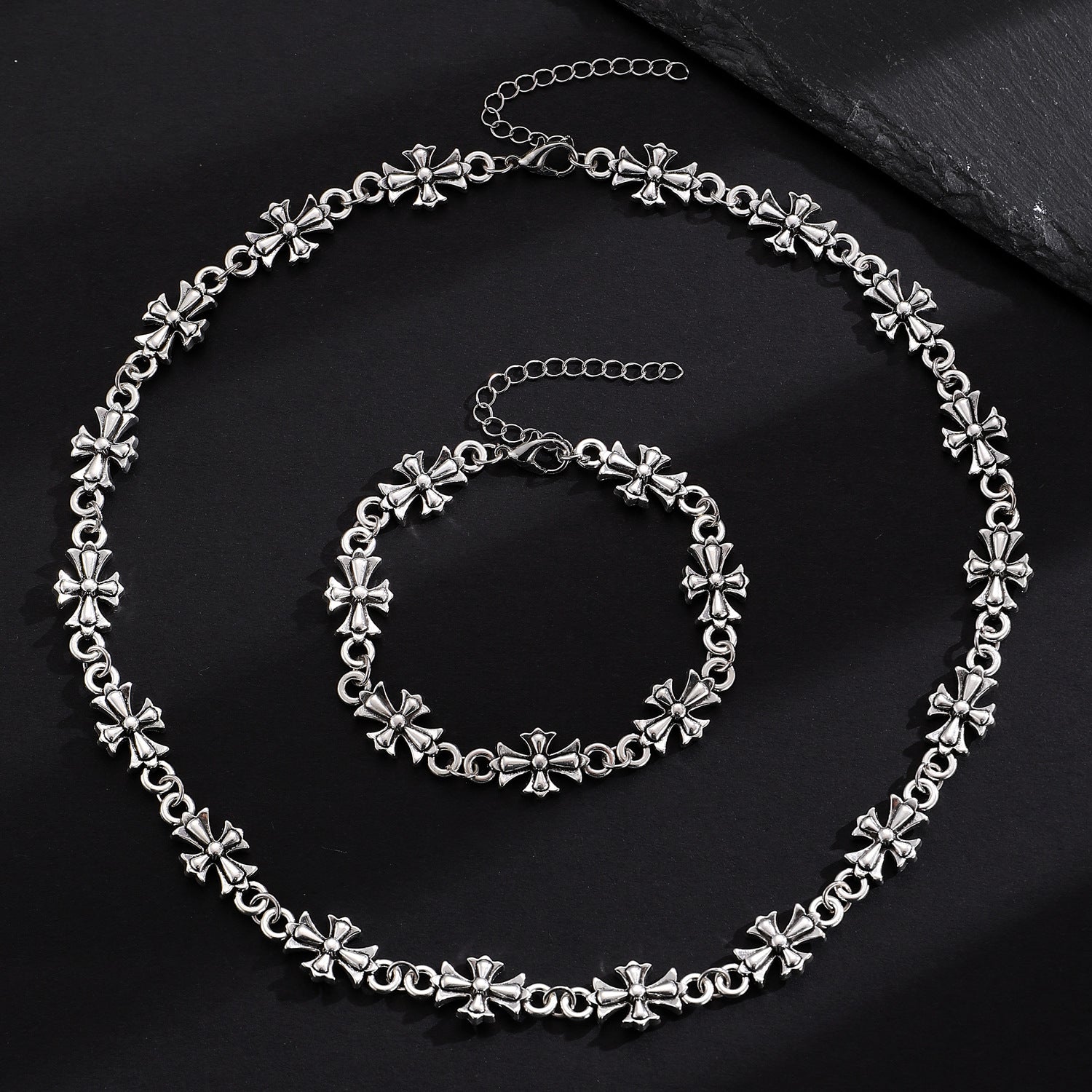 Wholesale European and American Cross-Border Gothic Cross Men' s Alloy Bracelet Retro Dark Style Versatile Necklace Set Jewelry for Women