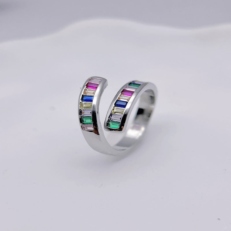 Wholesale Rainbow Color Rectangular Zirconia Double Line Open Rings ACC-RS-YXY031