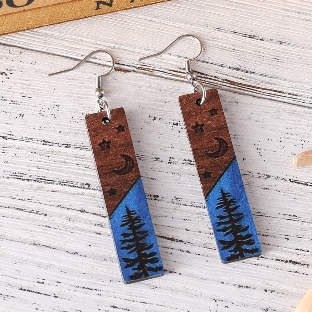 Wholesale Western Style Pine Star Moon Rectangular Geometric Pendant Wood Earrings ACC-ES-ChuLian082