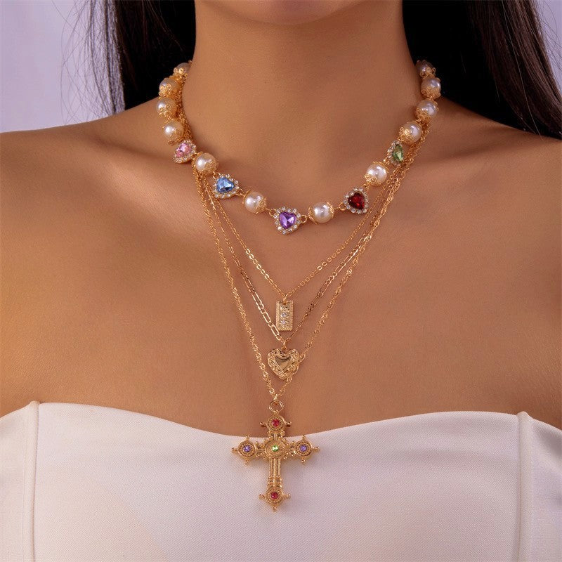 Wholesale  cross necklace  colored diamond cross multilayer necklace