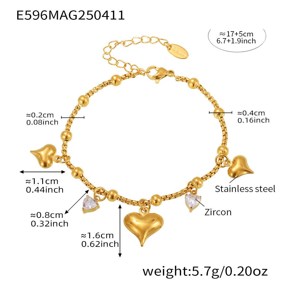 Wholesale Stainless Steel Round Bead Heart Zircon Pendant Bracelet
