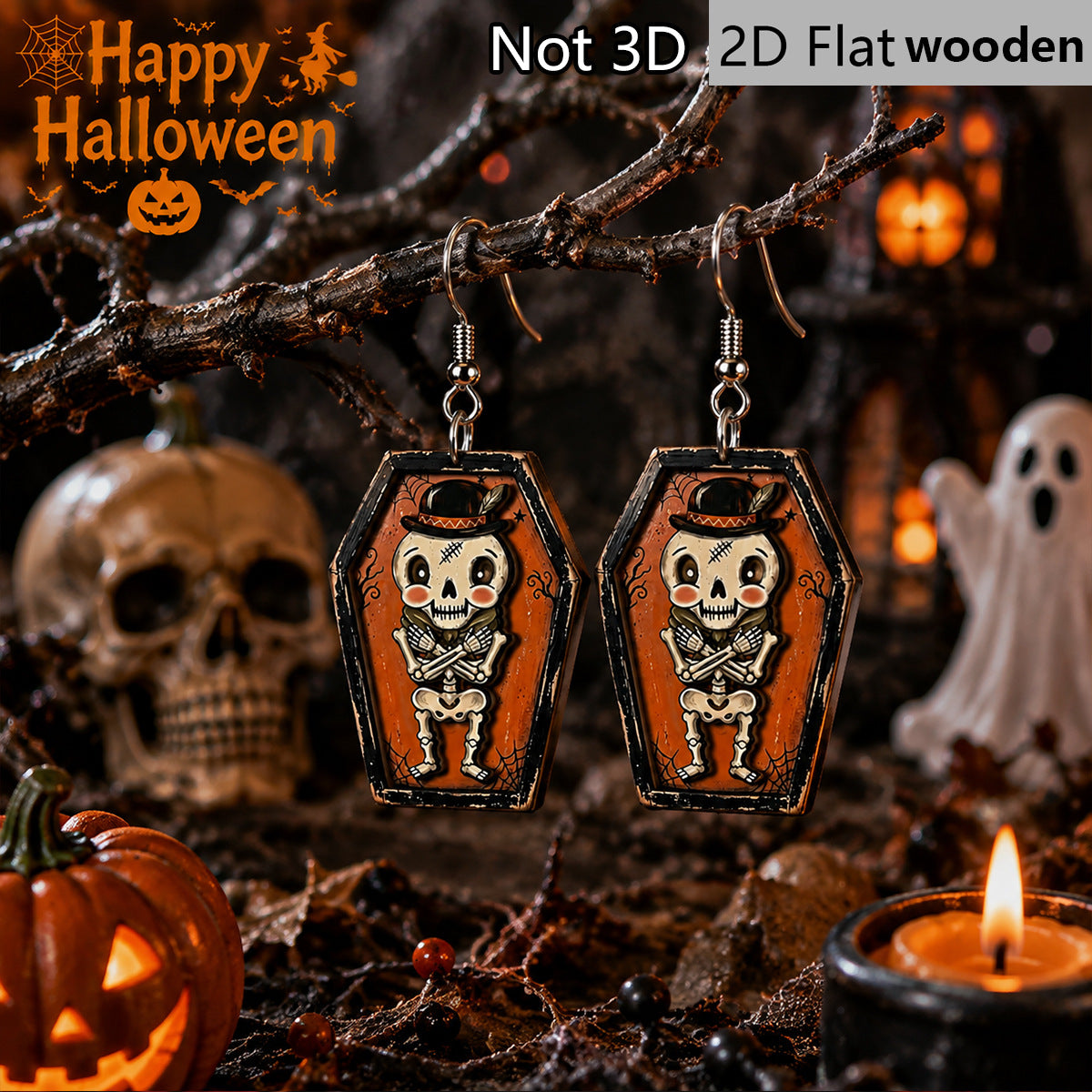Wholesale  Wooden Earrings Coffin Frame Top Hat Skeleton Man Retro Distressed Cartoon Drop Earrings For Party Boutique