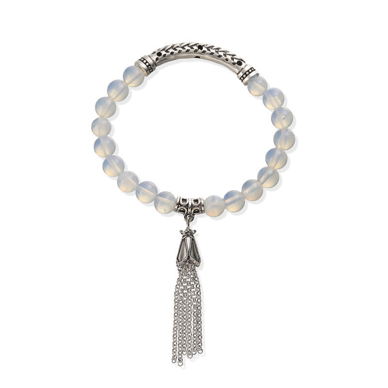 Wholesale Retro Chic Antique Silver Tone Stone Bead Bracelet With Tassel Pendant Heart Shaped 16 Beads Unisex Wedding Gift Fashion Accessory